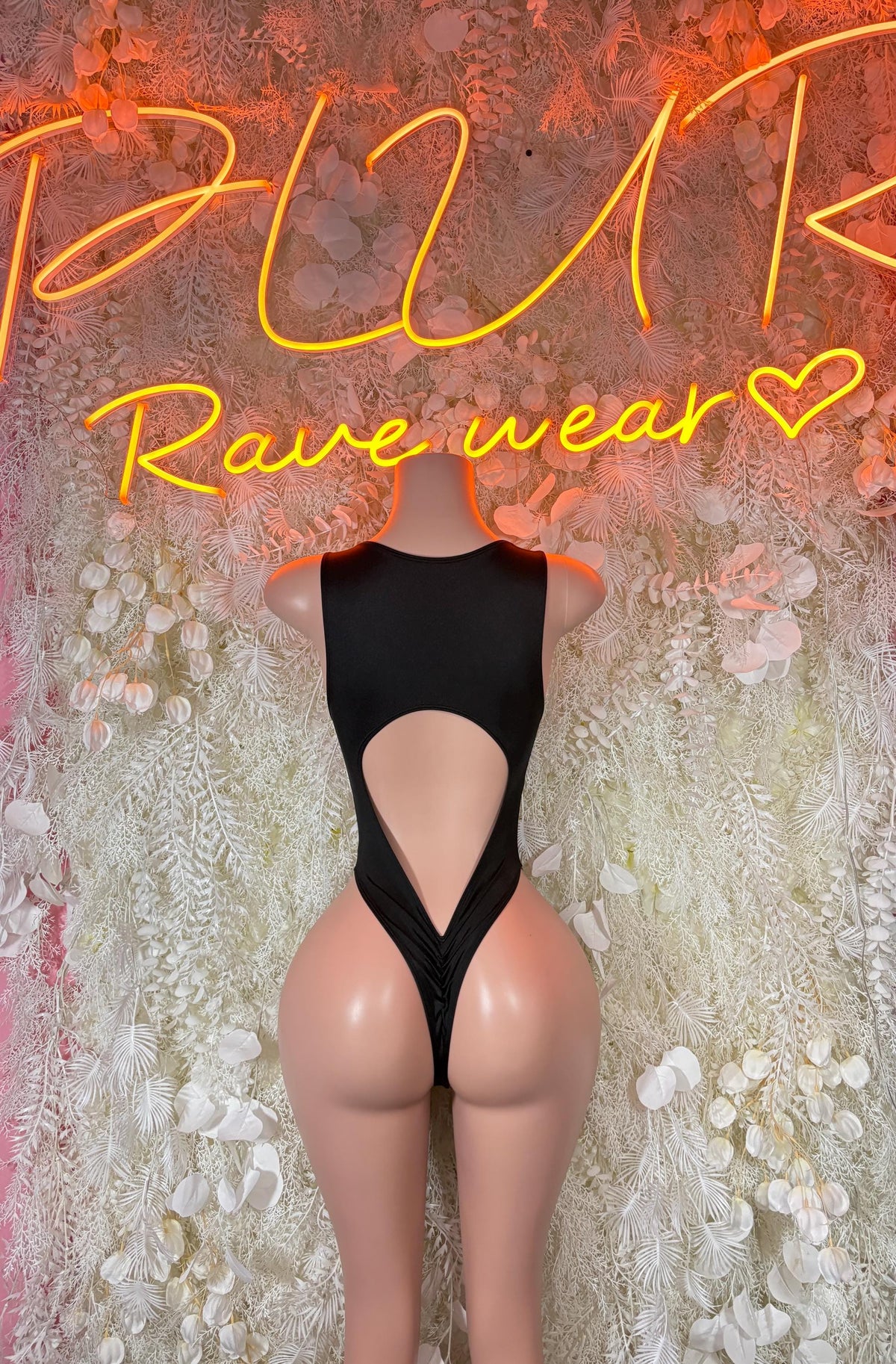 Back view black and pink lightning-print lace-up bodysuit romper