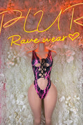 Black and pink lightning-print lace-up bodysuit romper with heart cutout