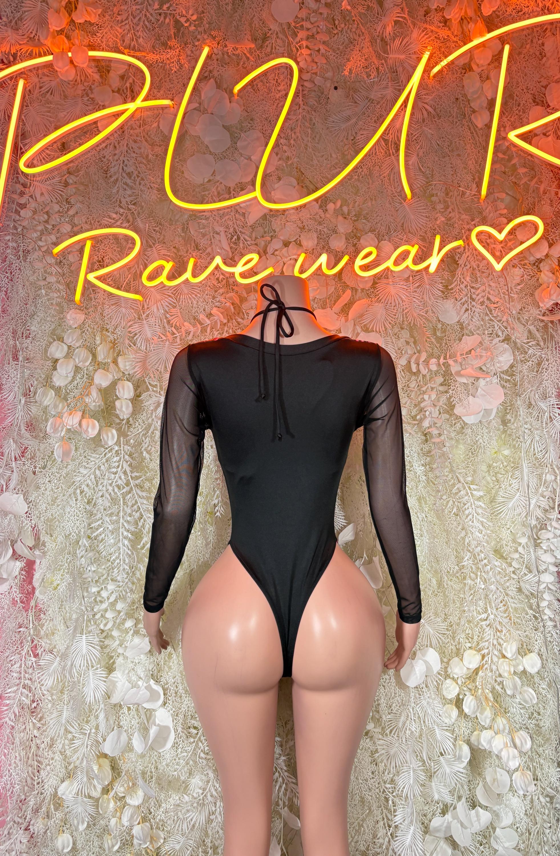 Black long-sleeve bodysuit with neon pink lightning and lace-up open back