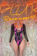 Black long-sleeve bodysuit with neon pink lightning graphics and deep V neckline