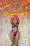 Rave bodysuit with purple-pink lightning print and crisscross lace-up front