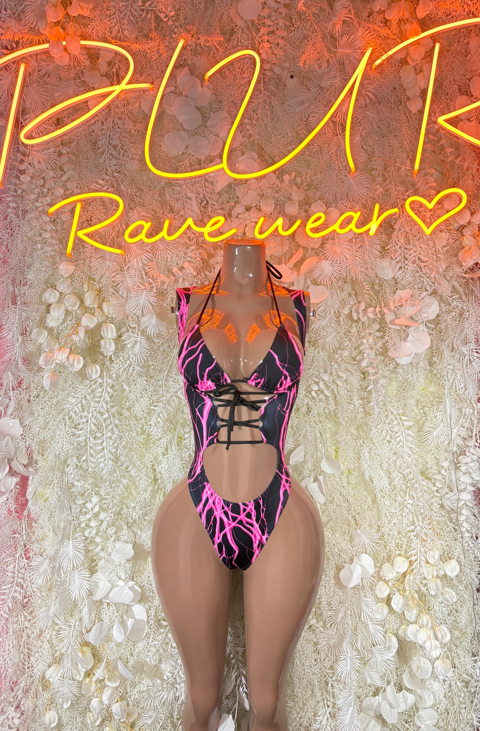 Rave bodysuit with purple-pink lightning print and crisscross lace-up front