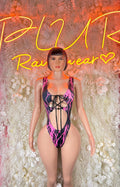 Pink and black lightning-bolt bodysuit with front cutout and thin straps
