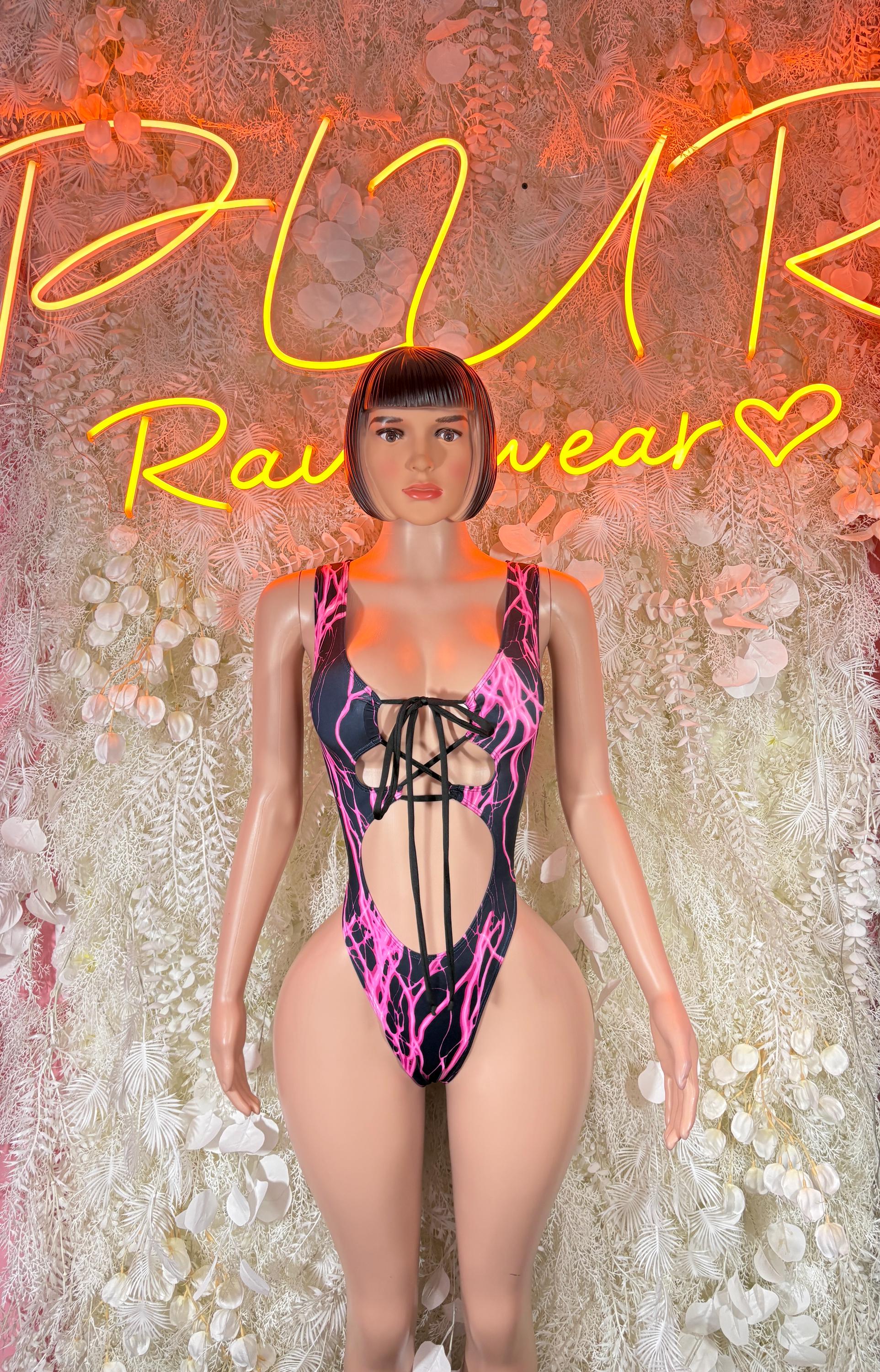 Pink and black lightning-bolt bodysuit with front cutout and thin straps