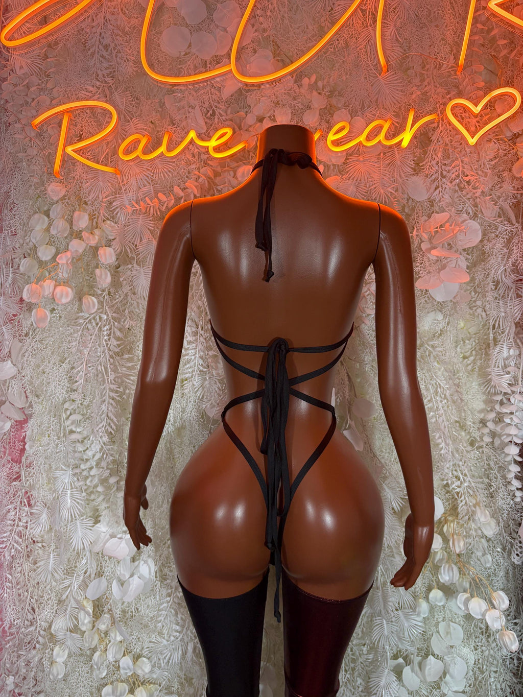 Rave bodysuit costume set, open-back with lace-up tie, dark red/black