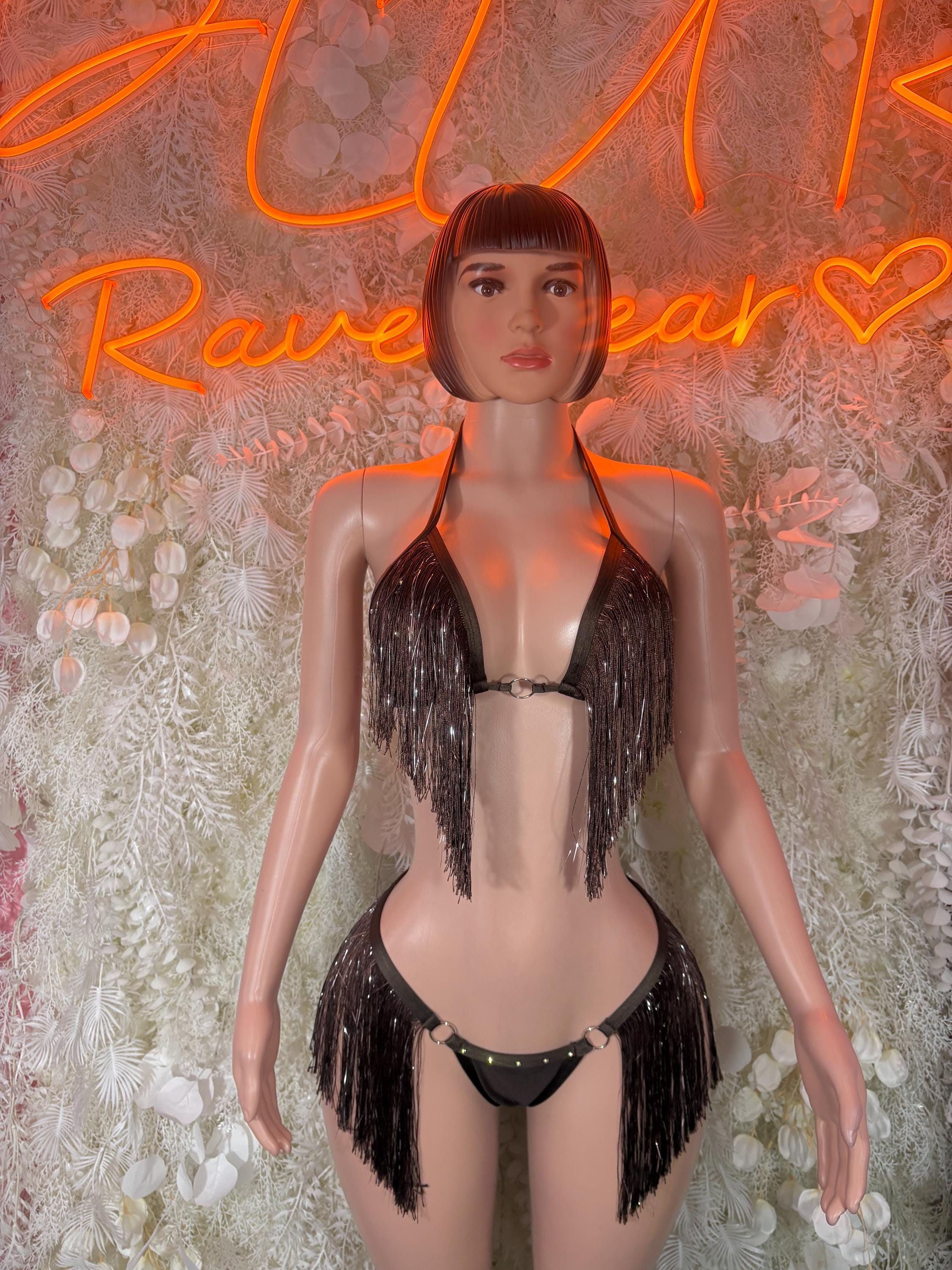 Dark fringe two-piece set: halter bra and bikini bottoms, black-brown