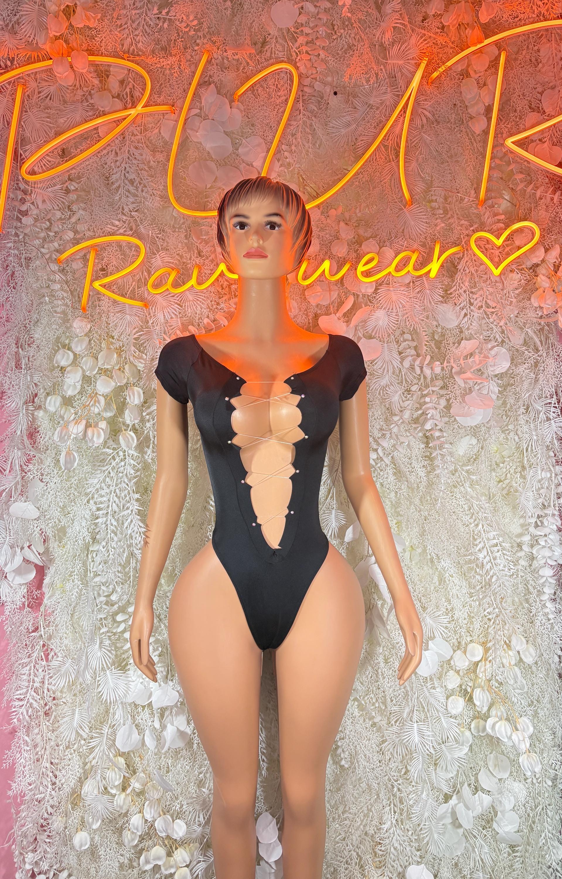 Black sleeved bodysuit with deep V neckline and thong-style bottom