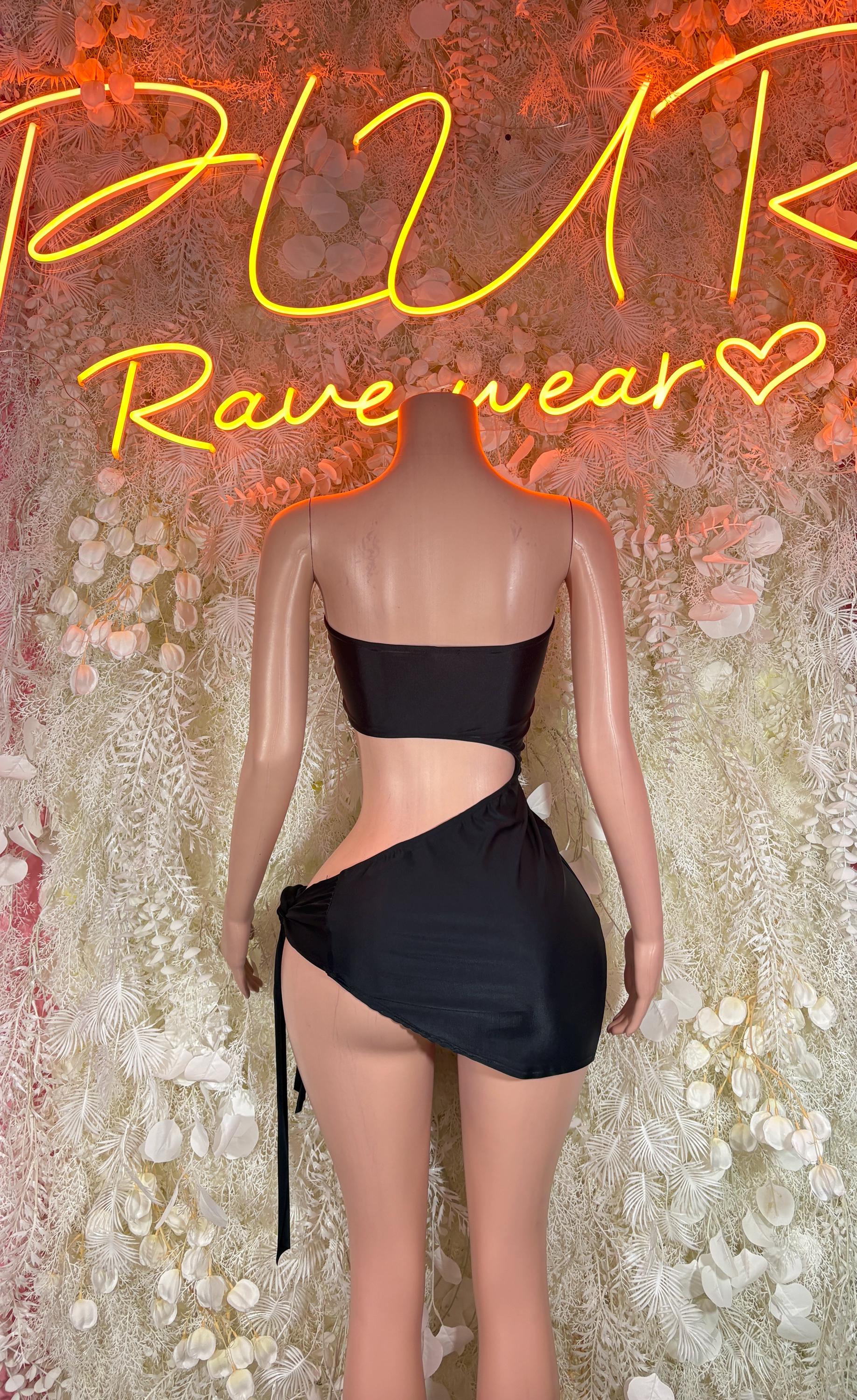Black strapless mini dress with bare back and side tie, asymmetrical drape