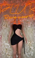 Black strapless mini dress with sweetheart neckline and side tie, draped front