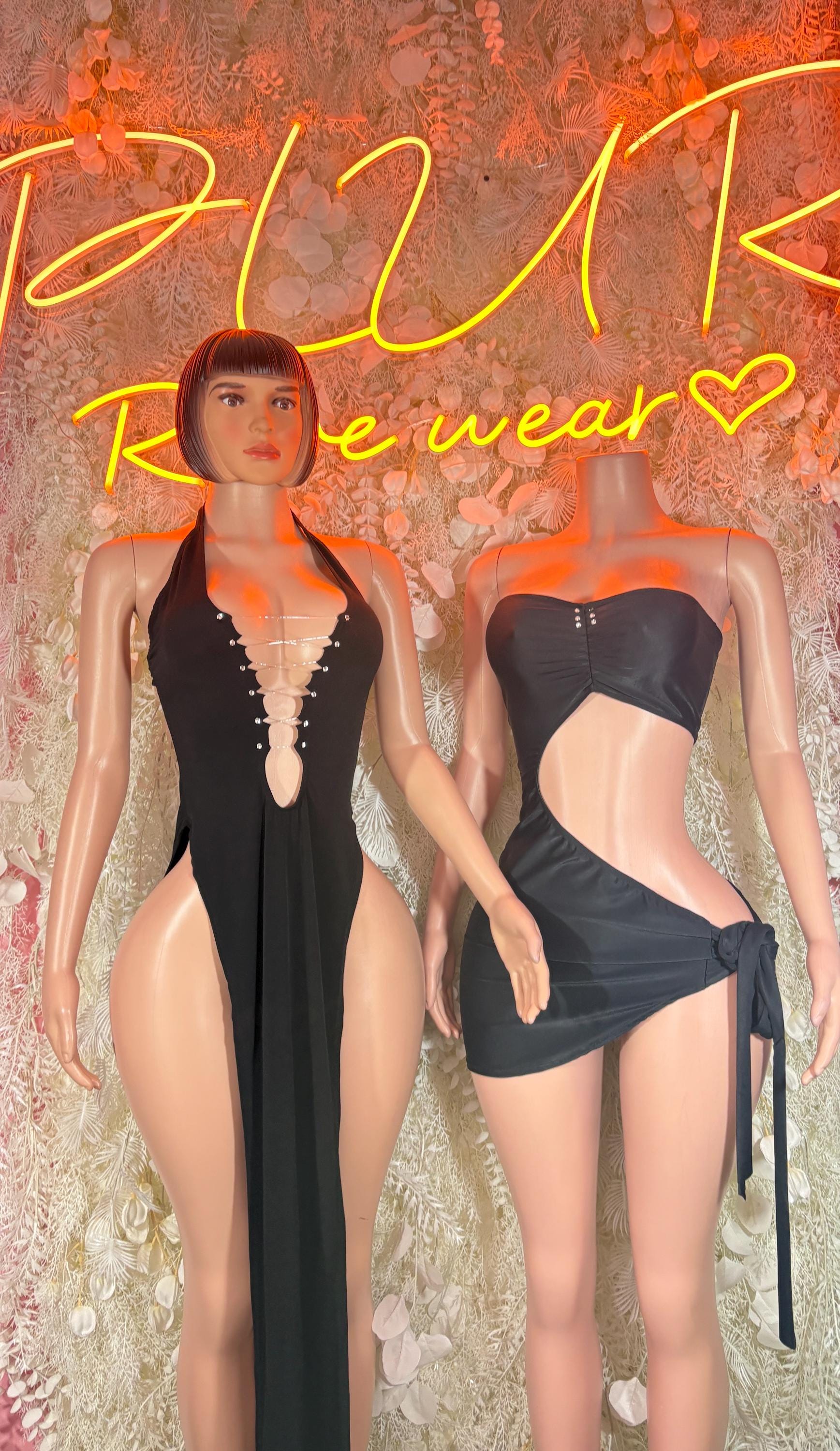 Black strapless mini dress with deep V front and side tie, bodycon fit