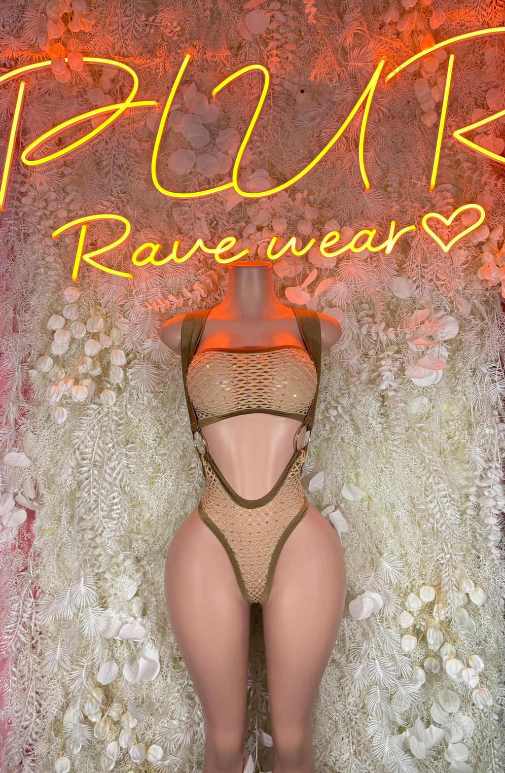 Gold fishnet bodysuit with halter neckline and high-cut leg openings
