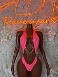 Pink coral rhinestone bodysuit with halter neckline and open back tie
