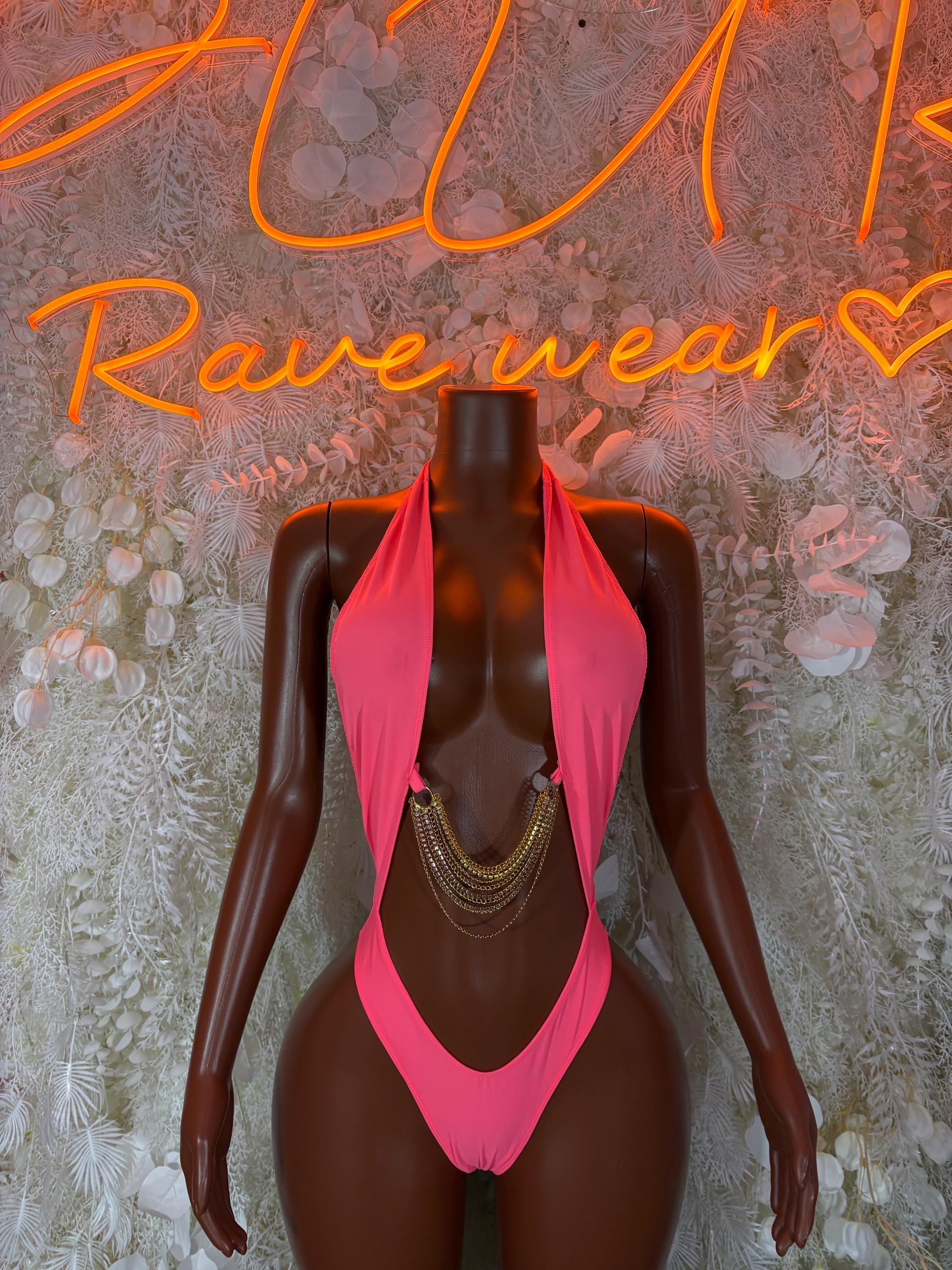 Pink coral rhinestone bodysuit with halter neckline and open back tie
