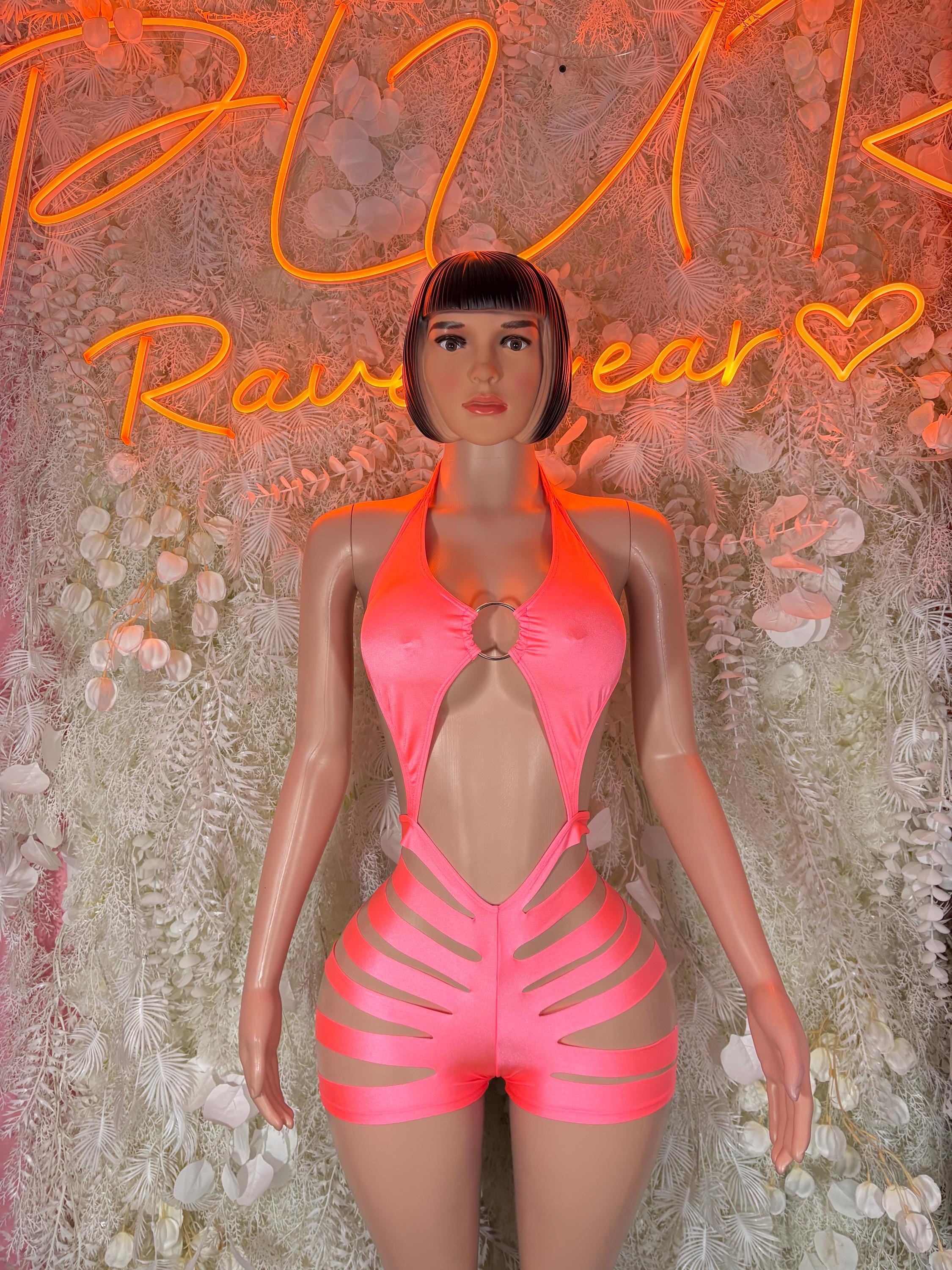 Coral halter cutout bodysuit with ring detail and striped shorts front