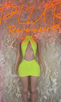 Neon green halter mini dress with sheer chest cutout and back tie ribbon