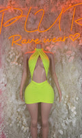 Neon green halter mini dress with cutout chest and ruched fit