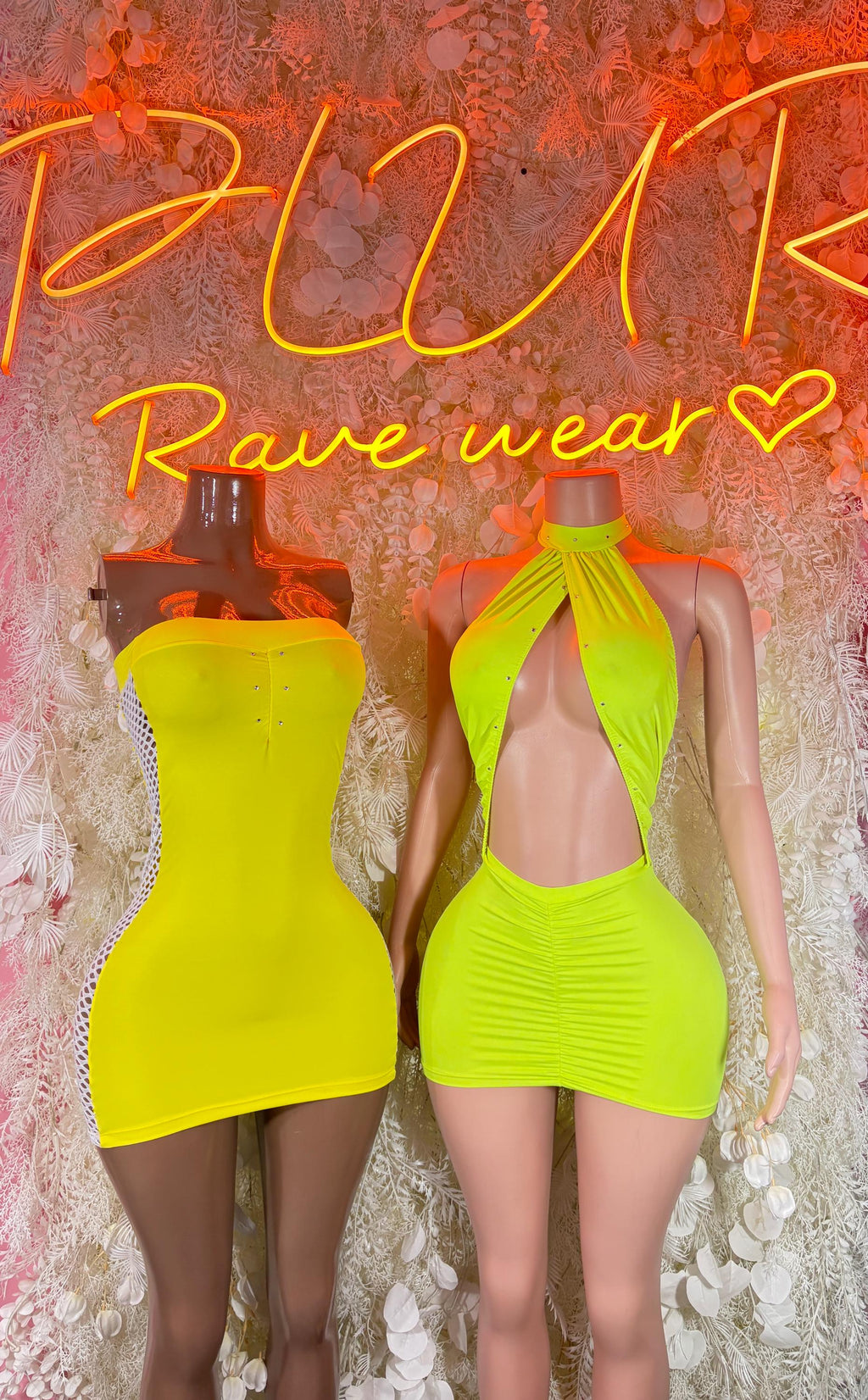 Pair of neon green halter mini dresses: front view and open-back view with neck tie