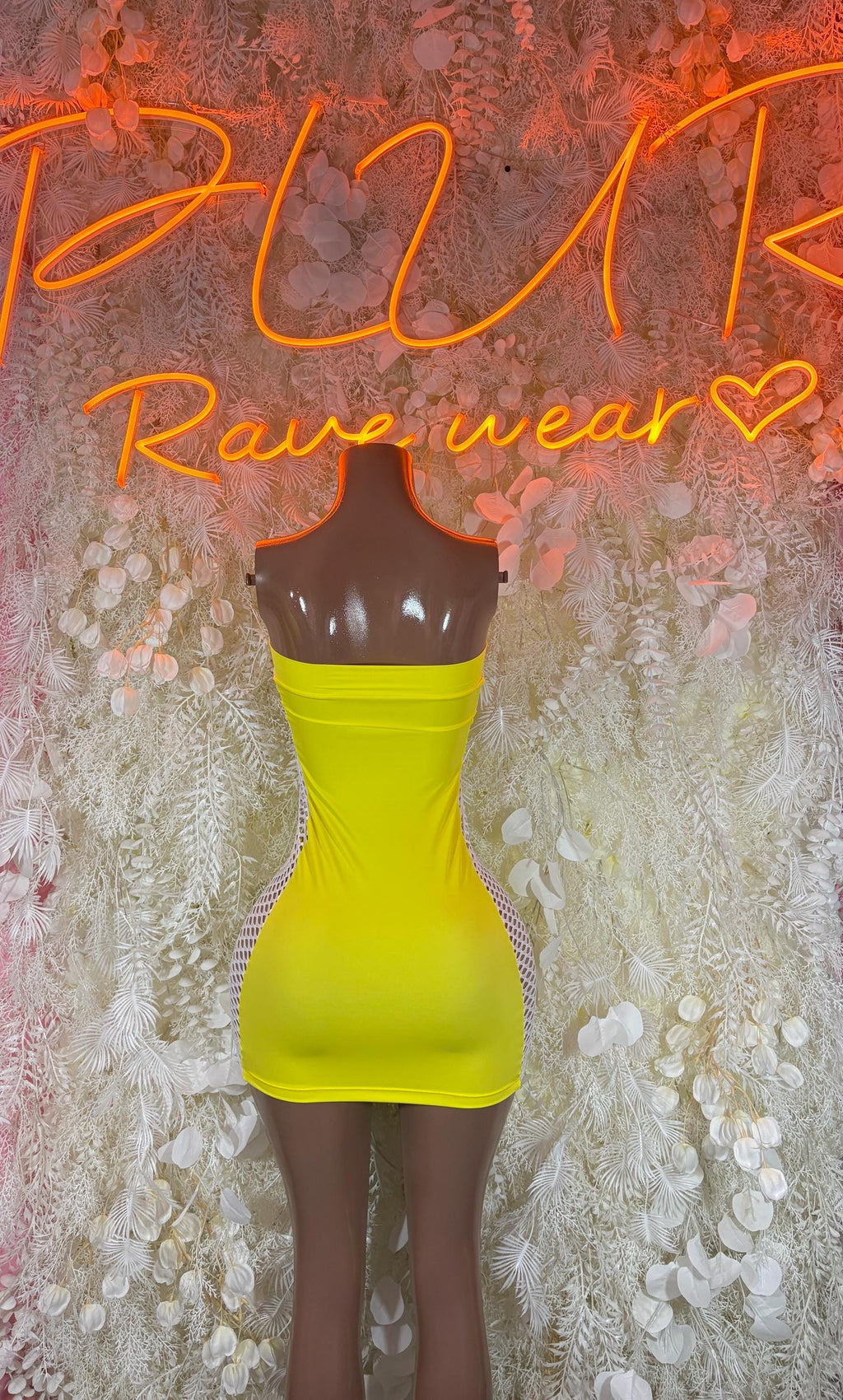 Neon yellow strapless bodycon mini dress