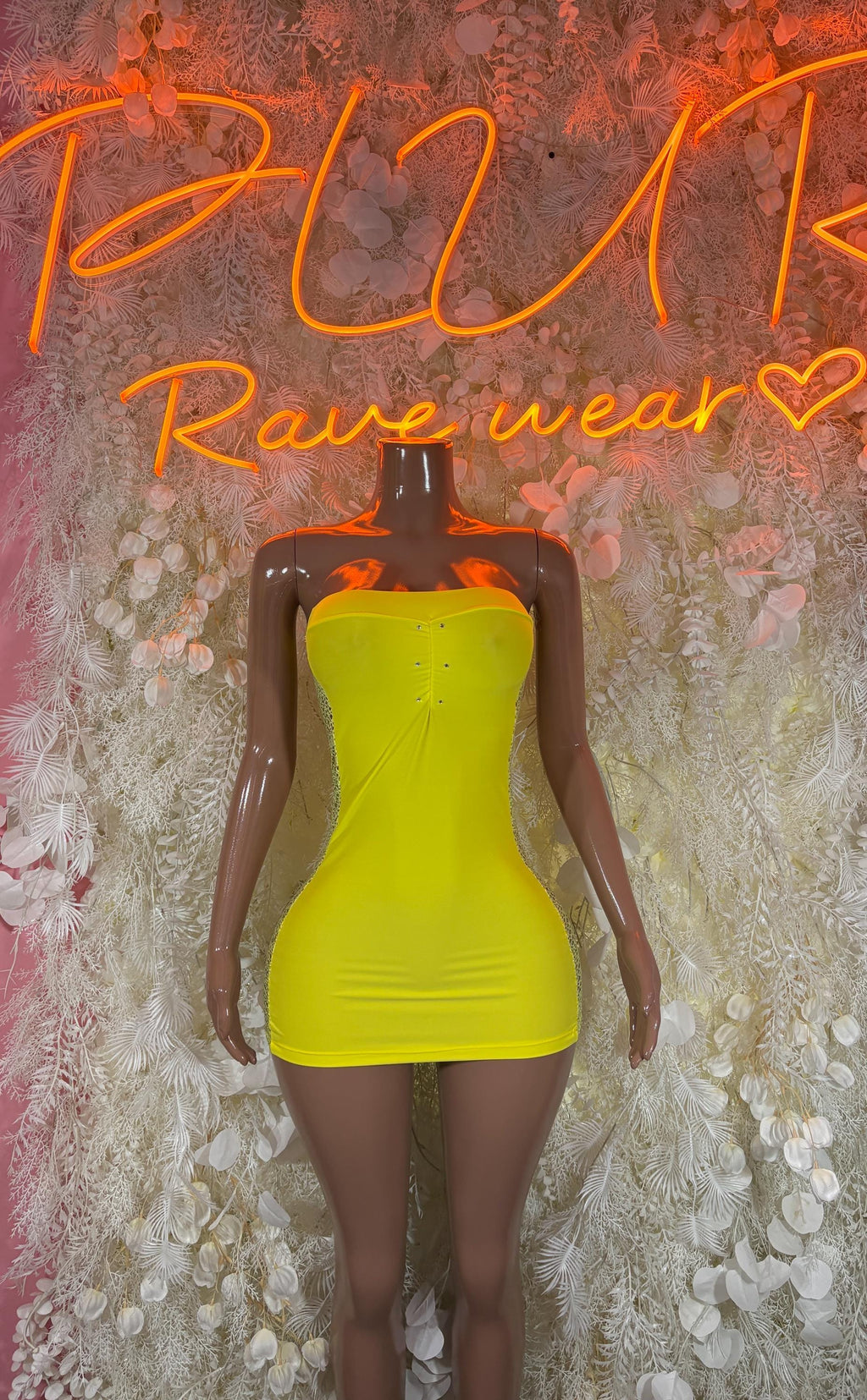 Neon yellow halter mini dress with ruched bodice, sleeveless, smooth fit