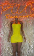 Neon yellow halter mini dress with ruched bodice, sleeveless, smooth fit