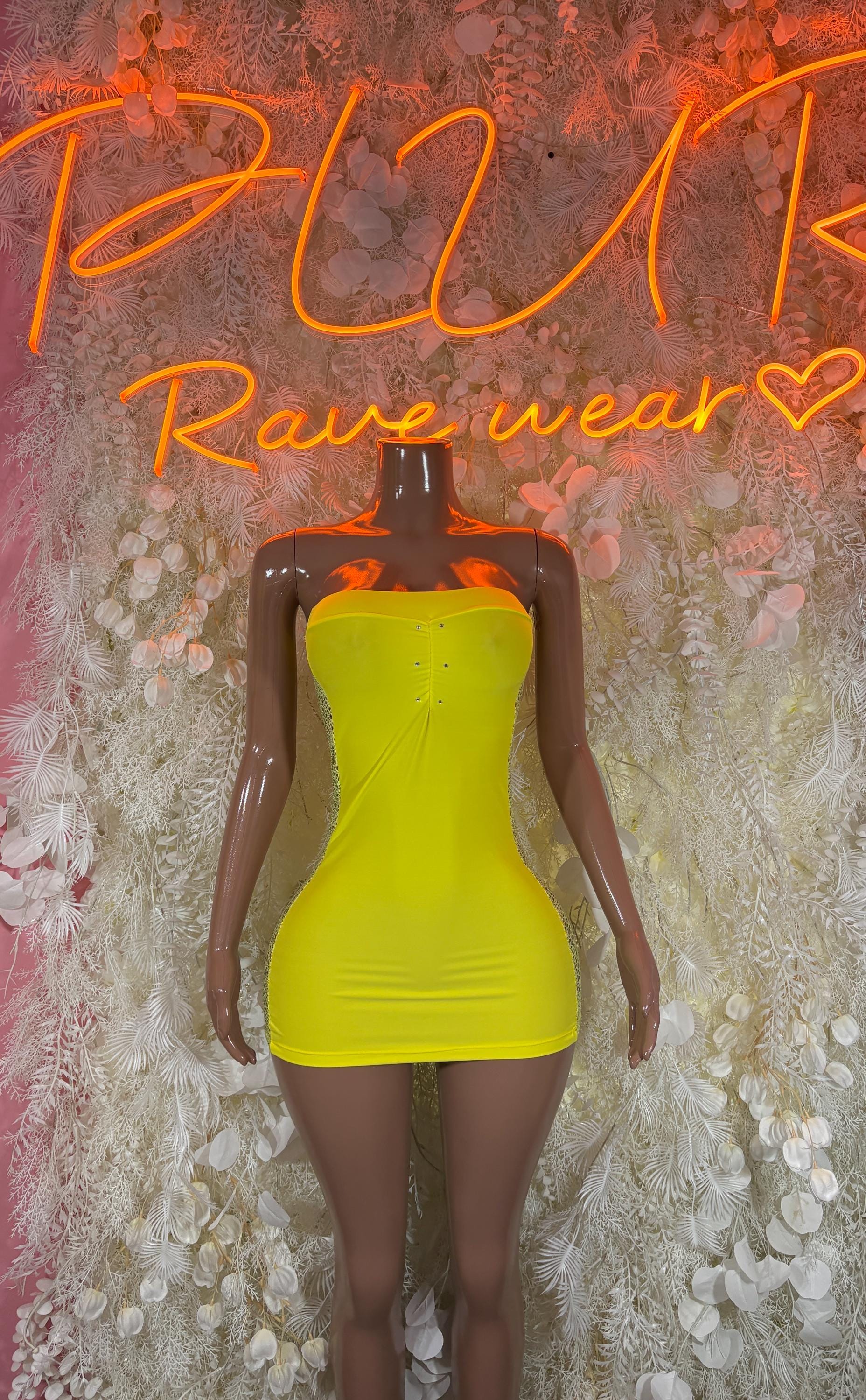 Neon yellow halter mini dress with ruched bodice, sleeveless, smooth fit