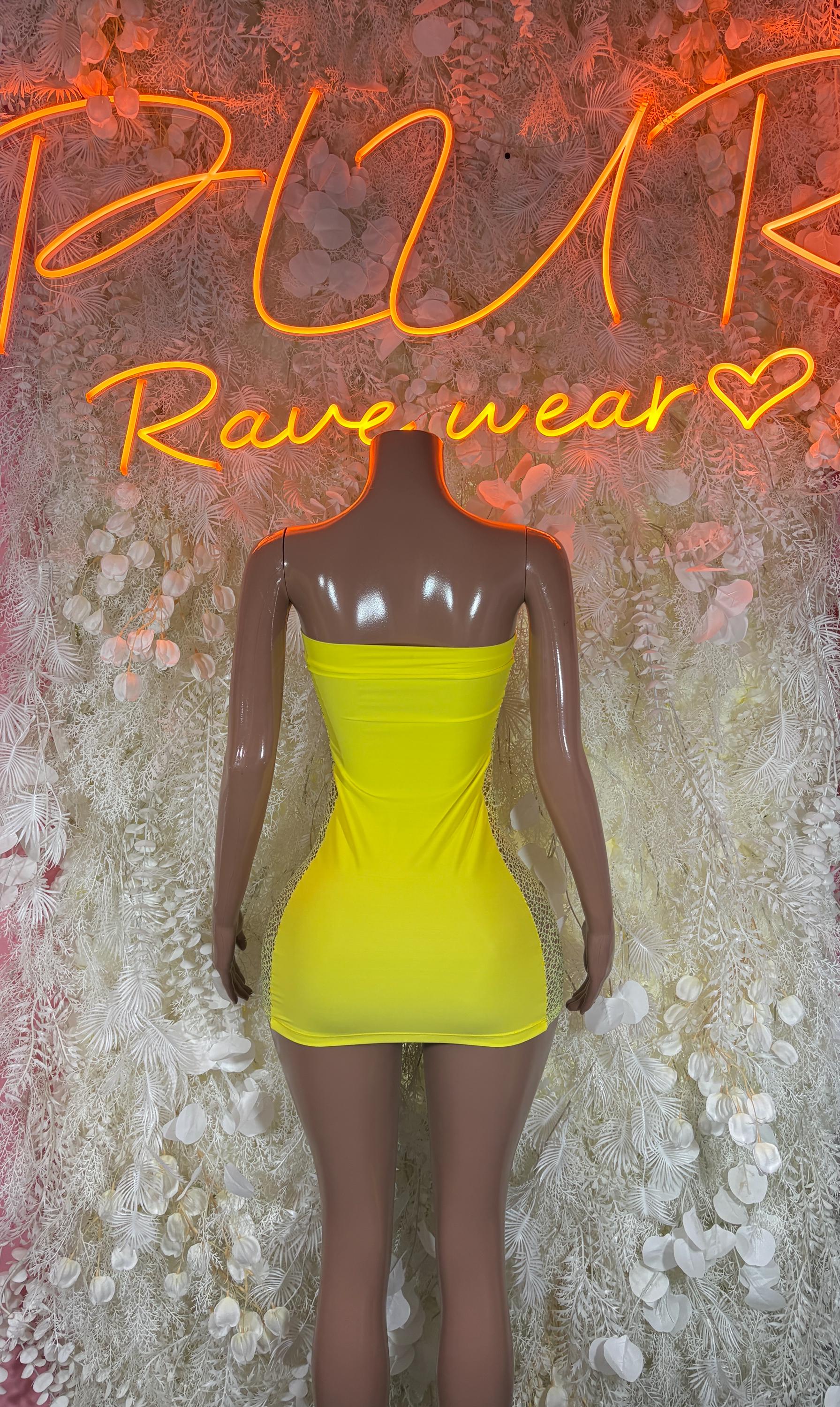 Neon yellow halter mini dress with gathered back details, sleeveless bodycon fit