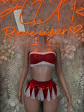 Red and white bandeau top with white trim and layered mini skirt set