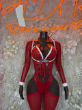 Red Santa-style bodysuit with long sleeves, white trim, and lace-up front
