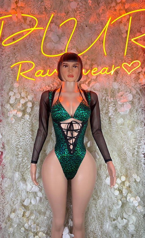 Green cheetah-print bodysuit with lace-up front, sheer black sleeves
