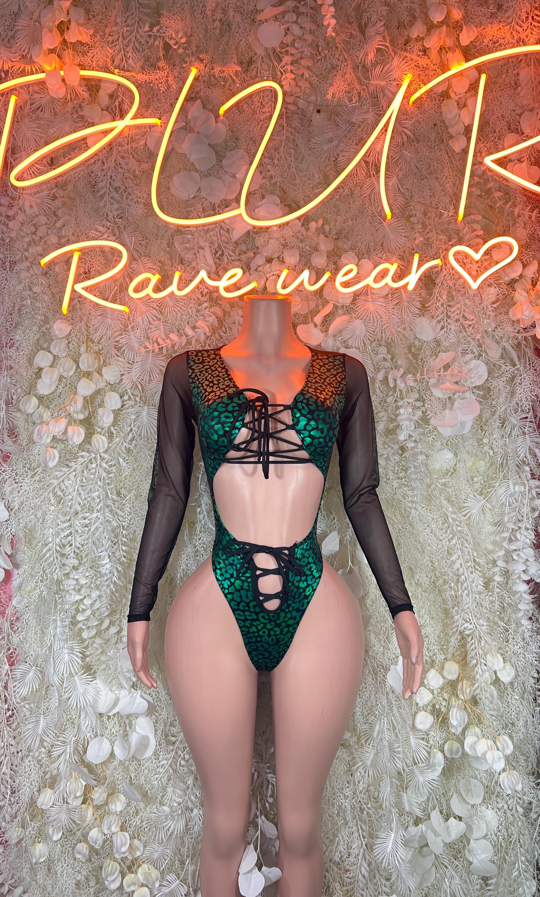 Bottlegirl Bodysuit Green Cheetah Metallic  - One Piece Bartender Outfit,  Dancewear, Party Clubwear ( small left )