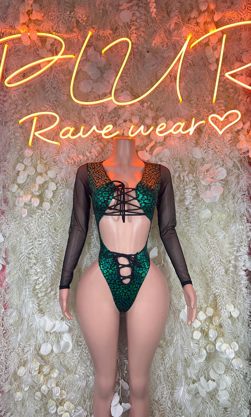 Bottlegirl bodysuit with green metallic cheetah print, long sheer sleeves, lace-up front