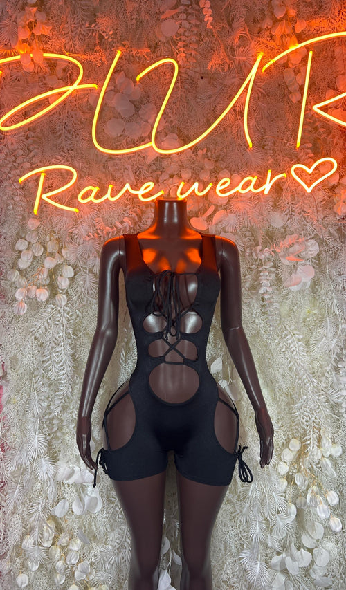 Black cutout bodysuit with chest crisscross lacing, long sleeves, side straps