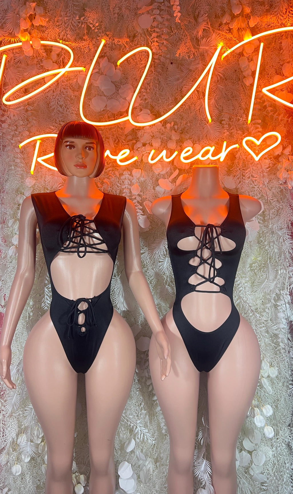 Black lace-up halter bodysuit, front and back views, high-leg thong cut