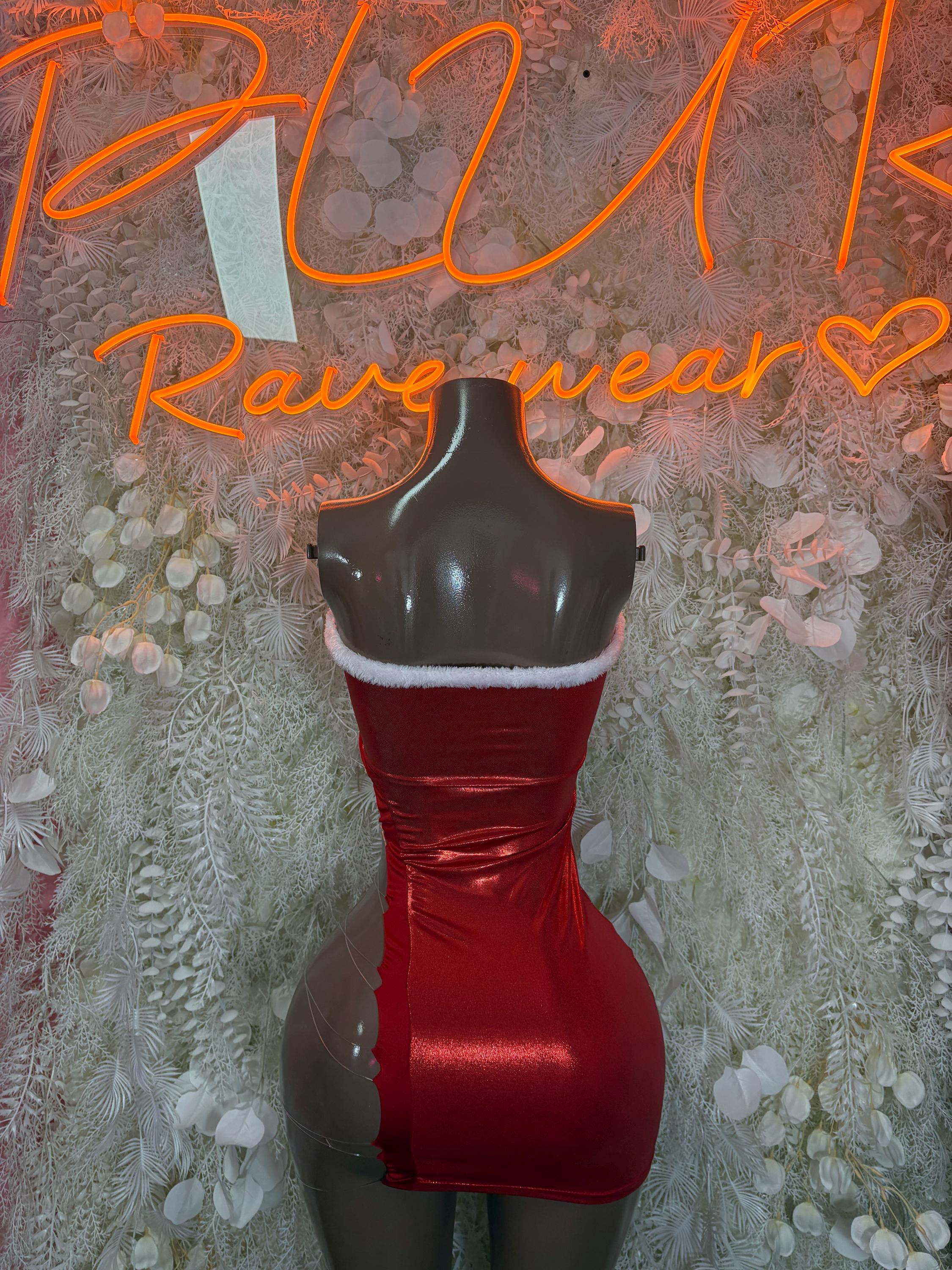 Red satin mini dress with white faux fur trim, fitted corset-style bodice