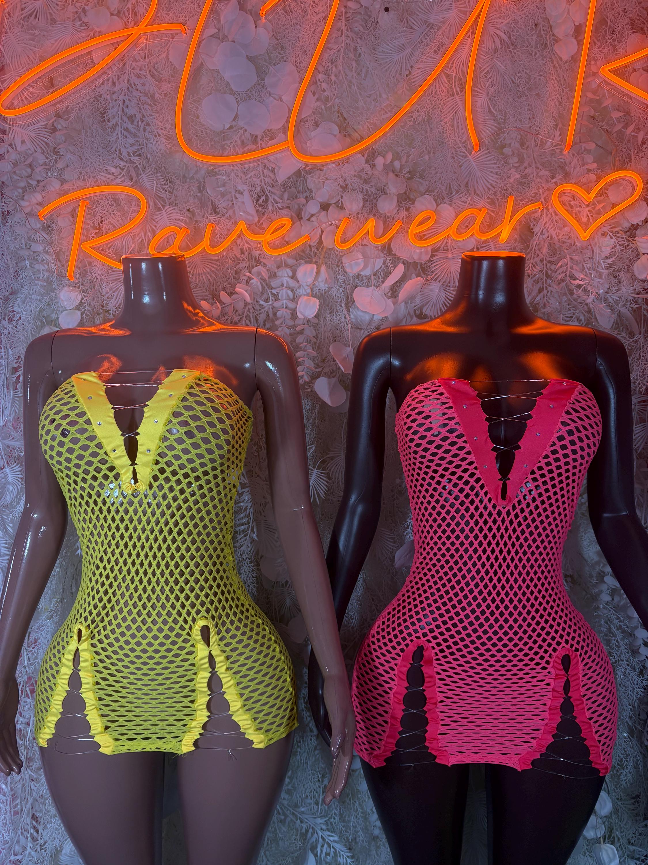 Fishnet mini dresses in lime and pink, strapless V-neck corset silhouettes
