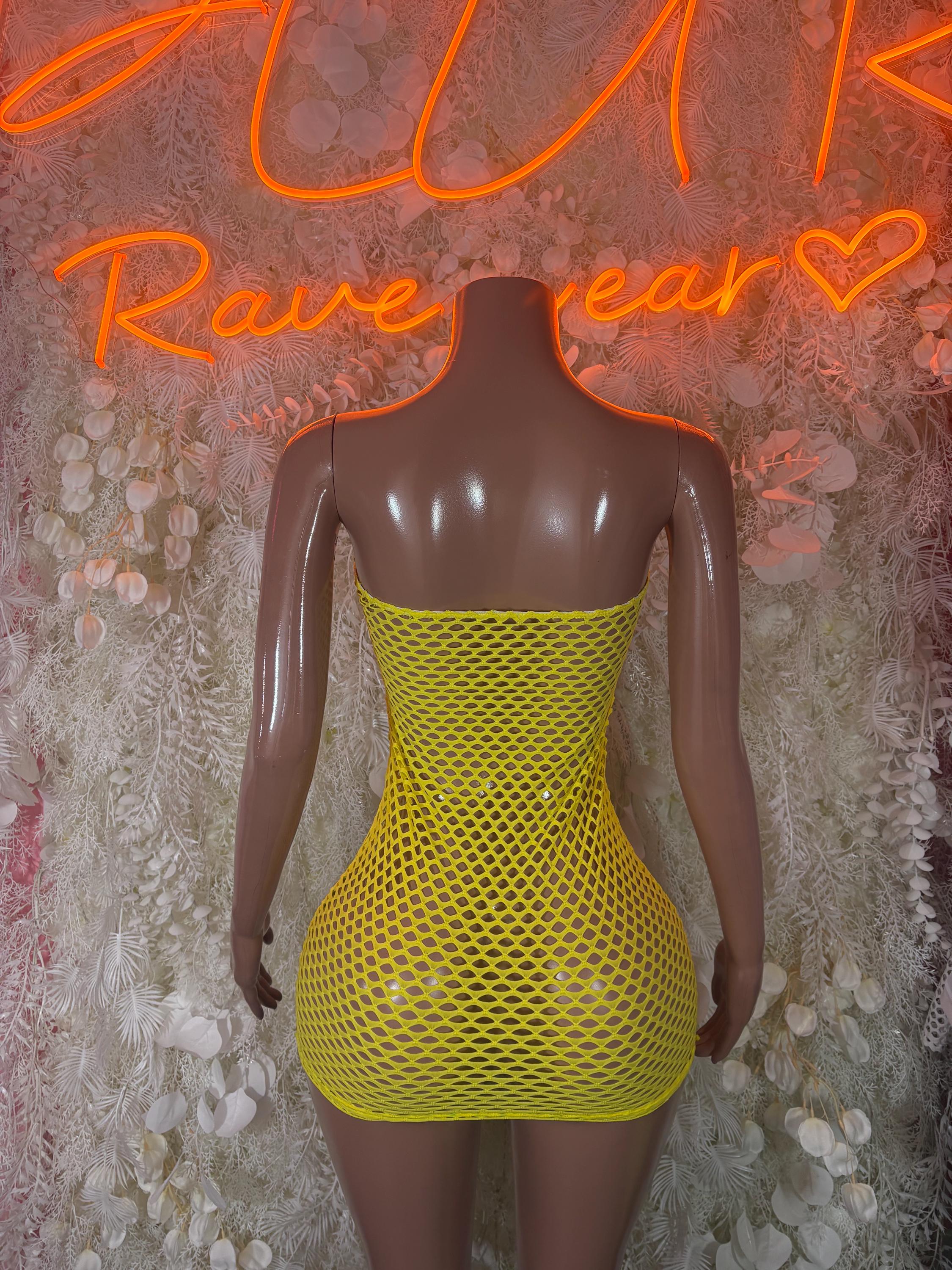 Yellow fishnet mini dress with V-back and scoop neckline, sleeveless