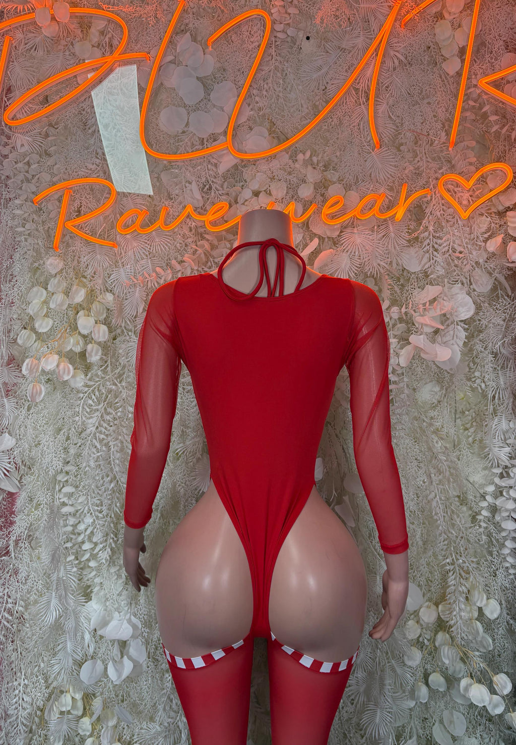 Red long-sleeve bodysuit with high back and cheeky bottom, with garter straps
