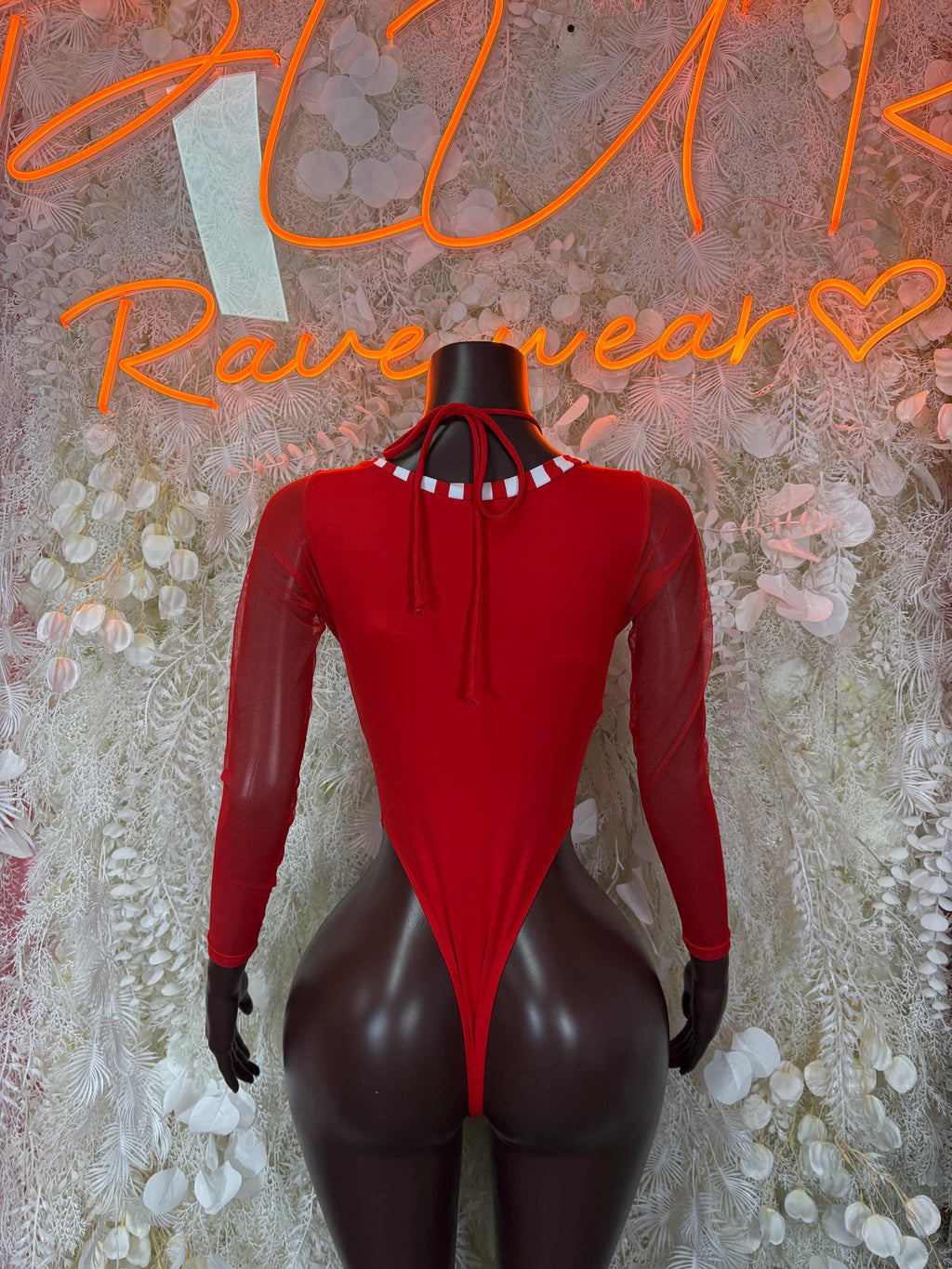 Back view red sheer bodysuit with tie at neckline