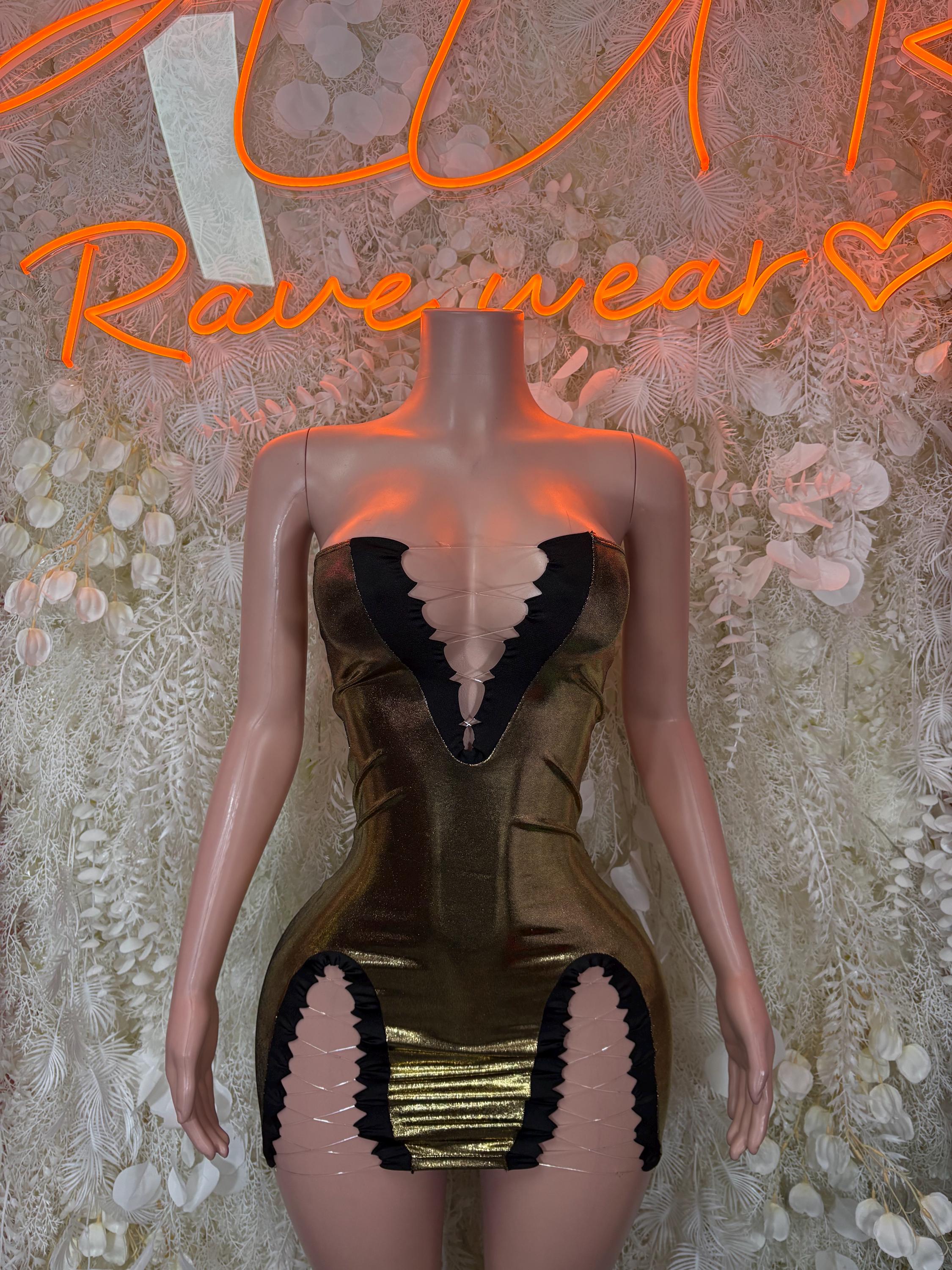 Gold metallic club dress with black cutouts and butterfly chest design