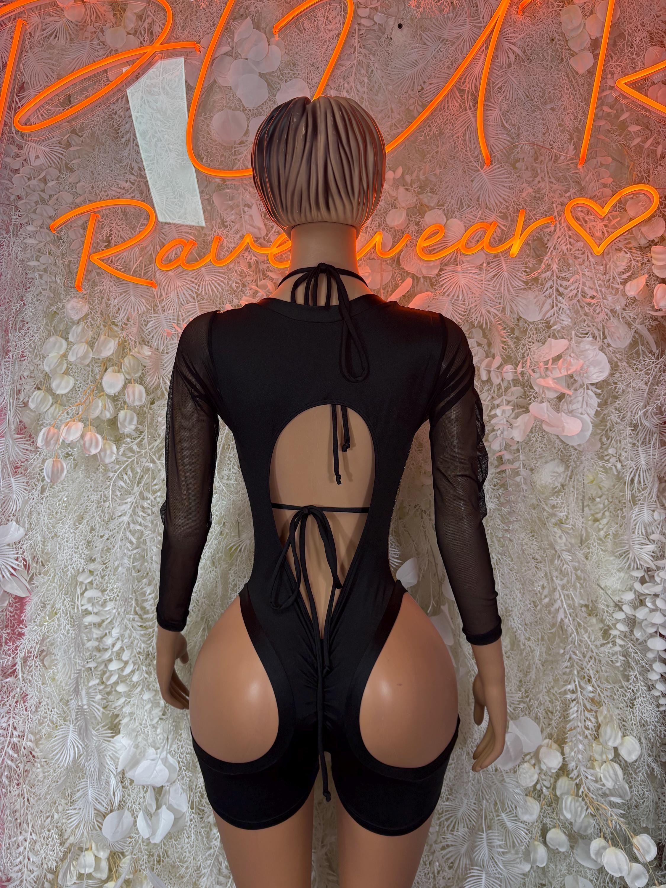 Black sheer backless romper bodysuit with gold metallic center and tie-back detail