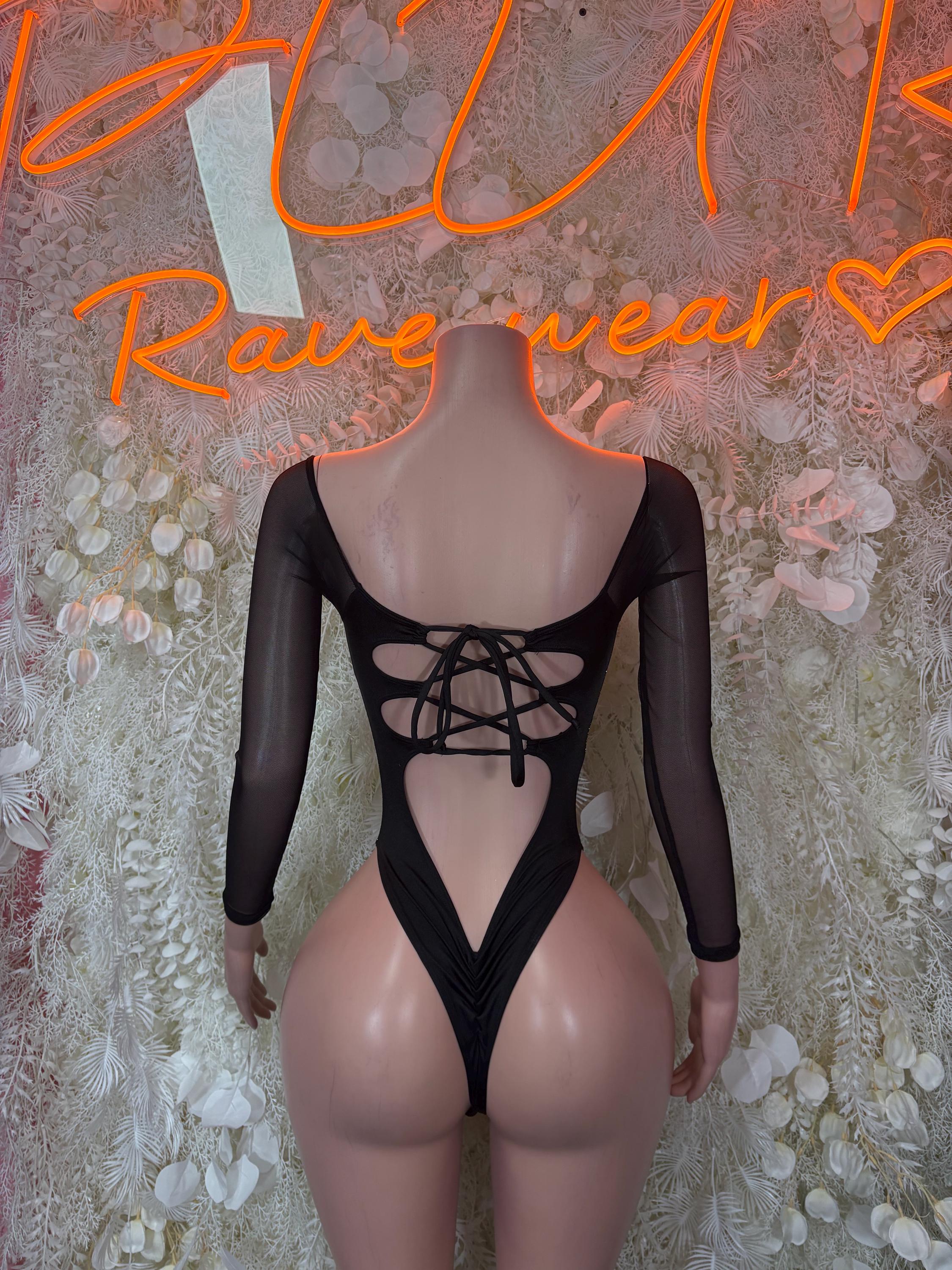 Bottlegirl gold metallic bodysuit, long black sleeves, triangular back cutout with lace tie