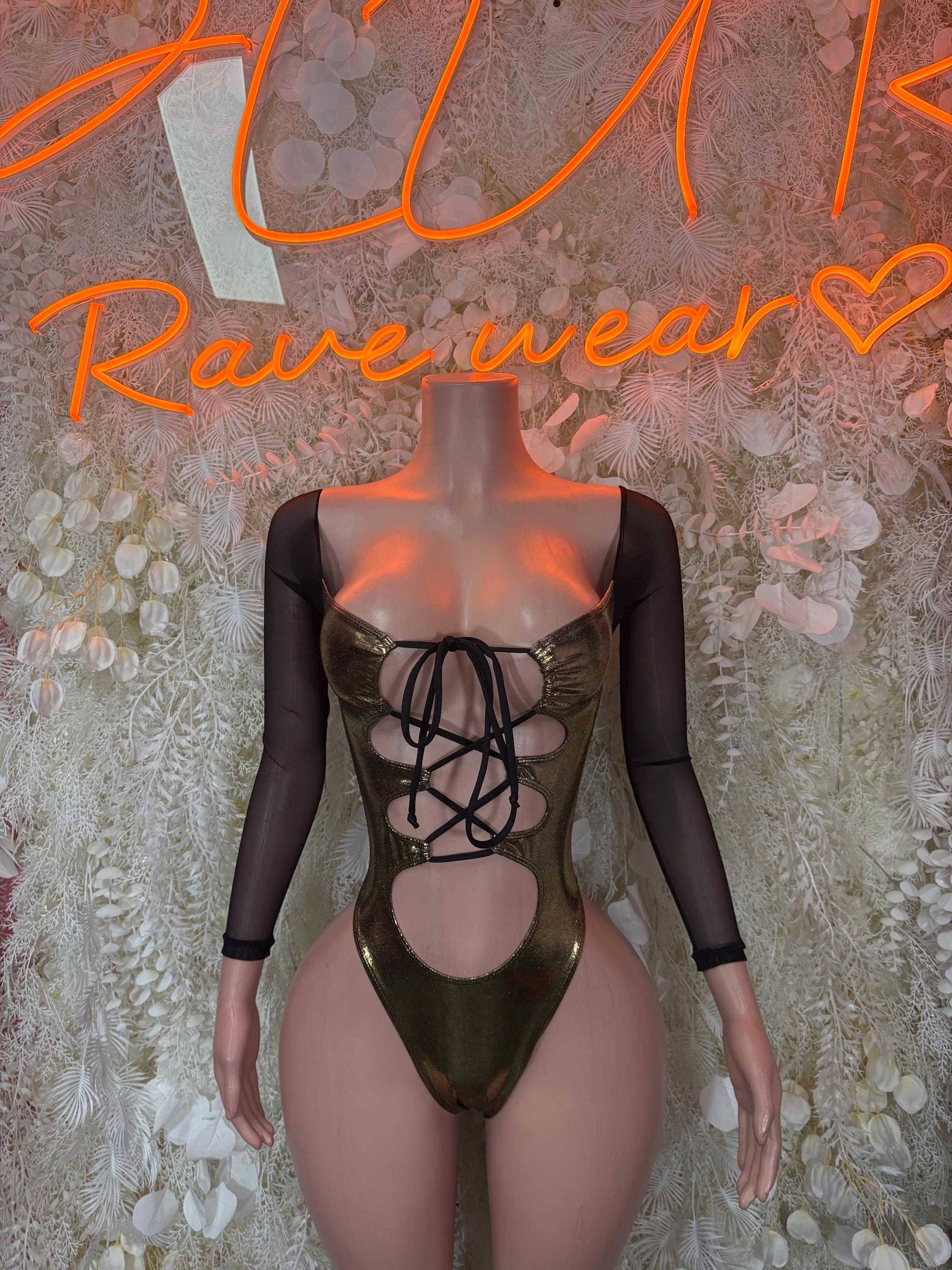 Bottlegirl gold metallic bodysuit, long black sleeves, crisscross back lacing