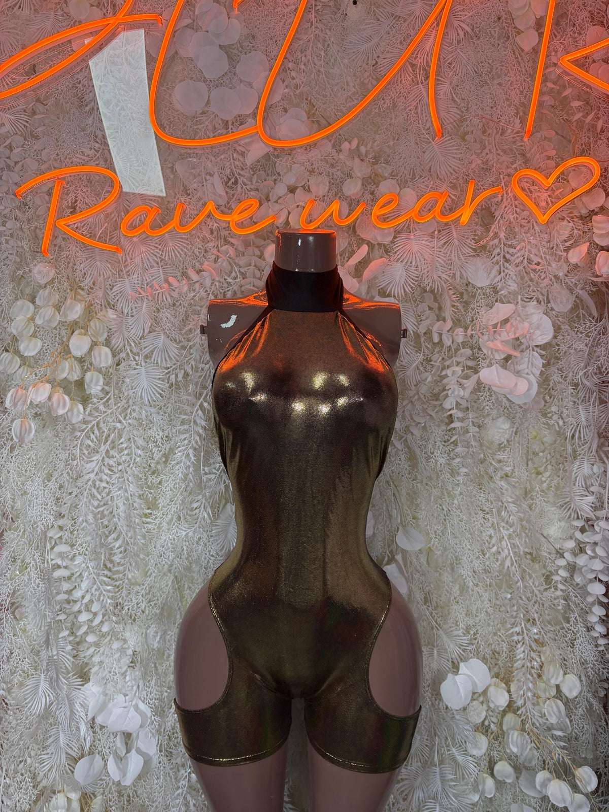 Metallic bodysuit with high-cut legs and molded bust cups, sleeveless, front view