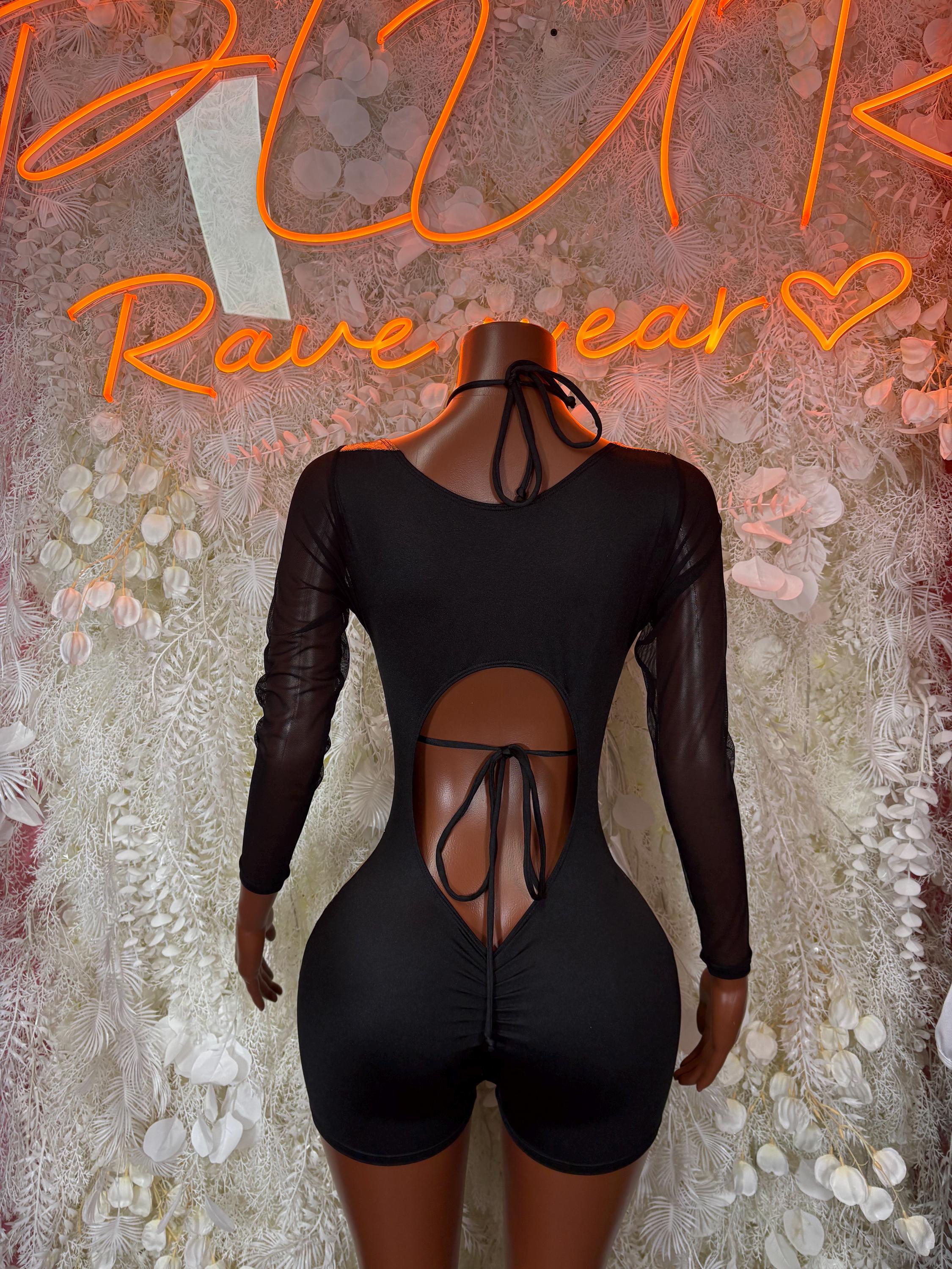Black sheer bodysuit with lace-up back cutout and long sleeves