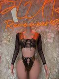 Gold metallic bodysuit with black long sleeves and lace-up sweetheart front