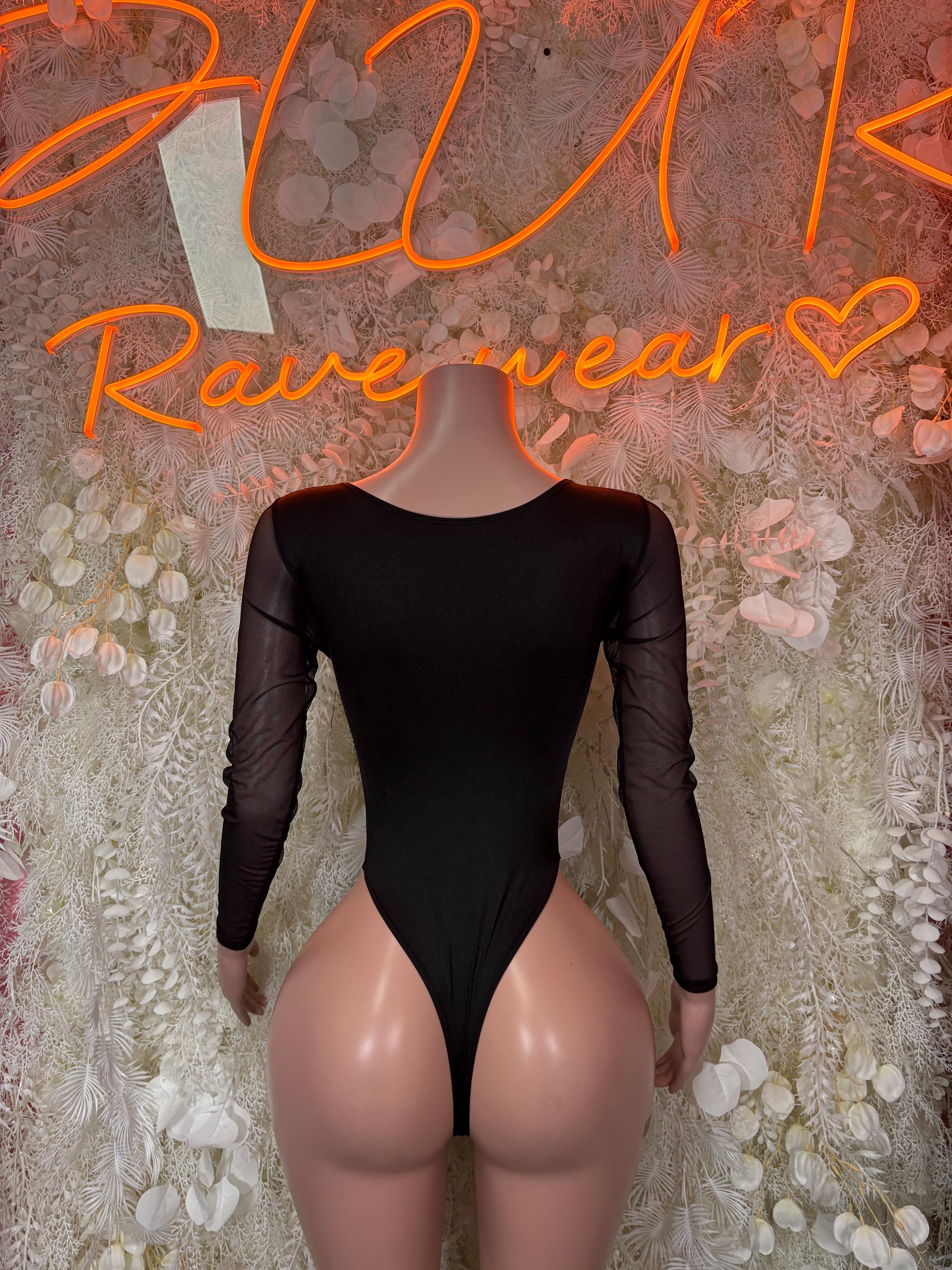 Black long-sleeve bodysuit with scoop neck and lace-up front cutout