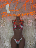 Red Santa-style lingerie set with halter bra and matching bikini bottoms