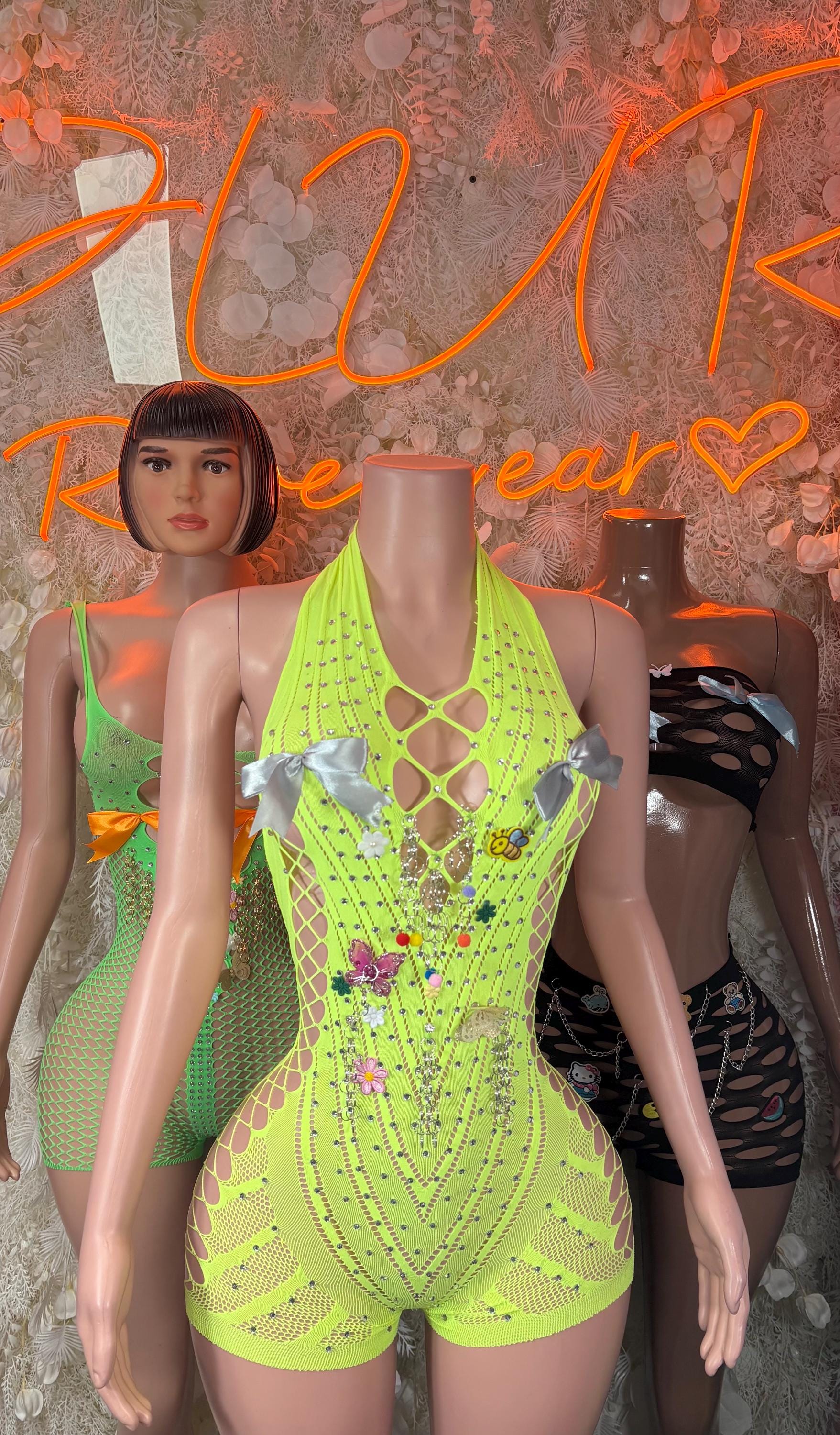 Neon lime lattice halter bodysuit with crisscross cutouts