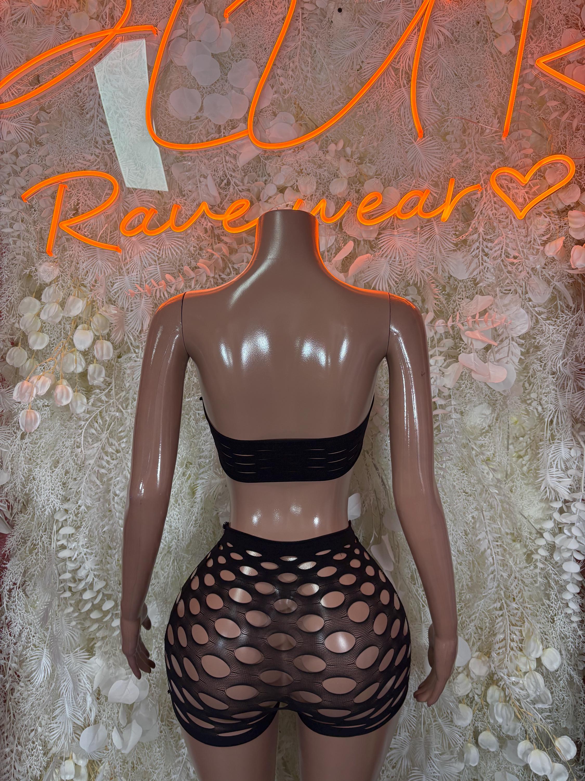 Black mesh festival set: strapless backless top and patterned high-cut shorts