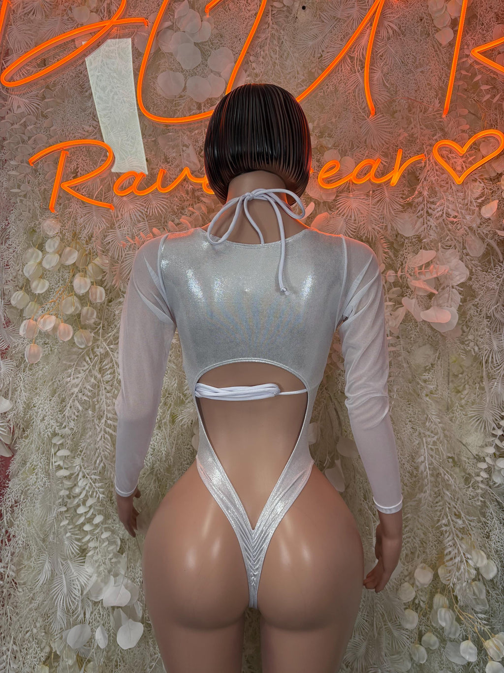 Silver metallic V-neck bodysuit with lace-up open back and long sleeves, one-piece